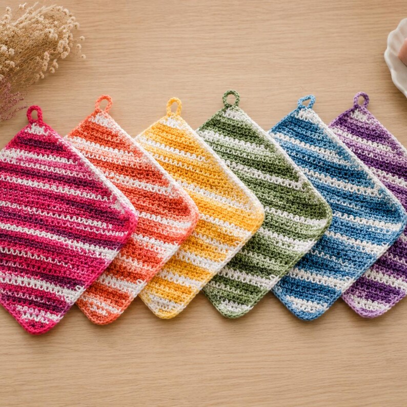 May include: A set of seven colourful, square crochet potholders. Each potholder has a striped design and a loop for hanging. The colours include pink, orange, yellow, green, blue, and purple. They are arranged on a wooden surface.
