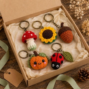 May include: A set of five crocheted keychains in a cardboard box, featuring a red and white mushroom, a yellow sunflower, a brown acorn, an orange pumpkin with a smiling face, and a red and black ladybug with a green leaf attachment.