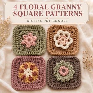 Könnte beinhalten: Vier gehäkelte Granny Squares mit Blumenmotiven in Olivgrün, Hellbraun, Mauve und Dunkelbraun. Der Text 4 FLORAL GRANNY SQUARE PATTERNS DIGITAL PDF BUNDLE steht oben. Jedes Quadrat zeigt ein einzigartiges, zentrales Blumenmuster.