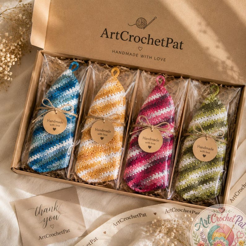 May include: A presentation box with four handmade crochet items in blue, yellow, red, and green. Each item is wrapped in cellophane and tied with twine and a tag that reads "Handmade with love". The box has the text "ArtCrochetPat" and "HANDMADE WITH LOVE".