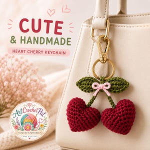 Puede incluir: Un llavero artesanal de cereza en forma de corazón hecho de hilo de ganchillo rojo y verde. El llavero está sujeto a un bolso blanco con un cierre dorado. El texto "CUTE & HANDMADE HEART CHERRY KEYCHAIN" es visible.
