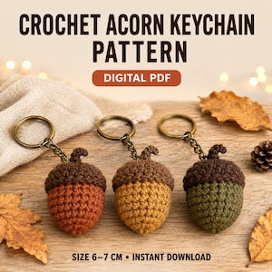 Virkat ekollon nyckelringsmönster PDF, höst amigurumi ekollon, höst virkmönster, väskberlock, nybörjarvänlig, omedelbar digital nedladdning