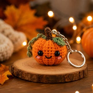May include: A crocheted orange pumpkin keychain featuring a dark brown stem, a curly green vine, and a small green leaf. The pumpkin has two black bead eyes, a stitched black smile, and two small pink embroidered cheeks, attached to a silver ring.