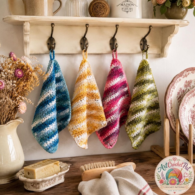May include: Four handmade crochet towels in blue, yellow, pink, and green hang from a rustic shelf. Each towel features a striped pattern. The shelf is mounted on a light-coloured wall, with a soap dish and brush in the foreground.