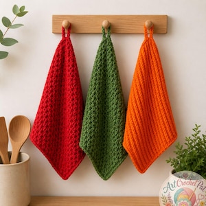 Peut inclure: Trois torchons crochetés à la main dans des couleurs unies rouge, vert forêt et orange vif. Chaque tissu carré présente un motif de points texturé et une petite boucle sur le dessus pour le suspendre. Les torchons sont accrochés à un porte-manteau en bois clair.