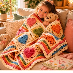 Può includere: Una coperta all'uncinetto fatta a mano con un motivo di cuori colorati in rilievo nelle tonalità del rosa, blu, verde e arancione, bordata con filo color crema. La coperta presenta un bordo smerlato e una vivace finitura a righe arcobaleno.