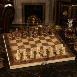 Puede incluir: Un juego de ajedrez de madera con un tablero a cuadros marrón claro y oscuro. Las piezas de ajedrez son de color marrón oscuro y claro. El juego está sobre una superficie oscura, con una jarra y un vaso en el fondo. Las piezas están dispuestas para jugar.