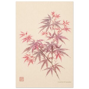 May include: A watercolour painting on cream paper depicting a Japanese maple branch with delicate, serrated leaves in shades of pink, red, and purple. The artwork features a red square seal in the bottom left and the text Created by SK Narasimhan.