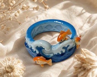 Goldfish Wave Resin Ring: Ocean Theme Koi Fish Statement Jewelry