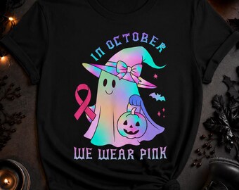 In October We Wear Pink PNG, Breast Cancer Awareness Ghost PNG, Halloween Witch Ghost Sublimation, Pink Ribbon Shirt Design