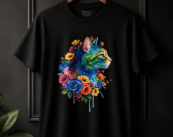 Colorful Watercolor Cat PNG | Floral Cat Sublimation Design | Boho Cat Lover Shirt PNG | Printable Clipart | Digital Download
