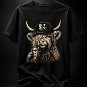 Hot Mess Highland Cow PNG, Funny Cow Western PNG, Highland Cow with Leopard Cup, Trendy Cow Sublimation Design, Cute Farm Animal T-Shirt PNG