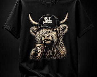 Hot Mess Highland Cow PNG, Funny Cow Western PNG, Highland Cow with Leopard Cup, Trendy Cow Sublimation Design, Cute Farm Animal T-Shirt PNG