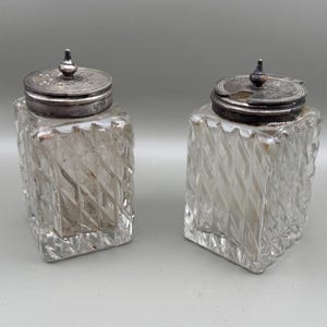 Vintage Cut Glass Condiment Jars with EPNS Silver Plate Lids – Antique Sugar Shaker & Jam Pot Set – English Tableware