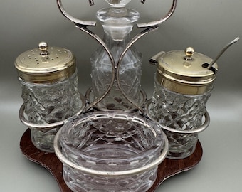 Vintage EPNS Cruet Set, Cut Glass Jars, Wooden Base Condiment Holder, Mid Century Tableware