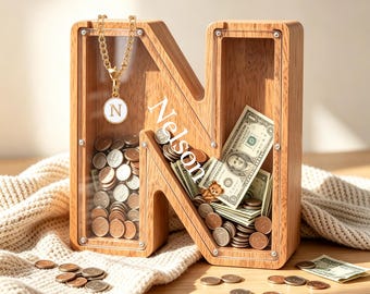 Personalized Wooden Letter Piggy Bank for Kids, Birth Flower/Cartoon Design Coin Bank, Neutral Baby Shower Gift, Boy Nursery Decor