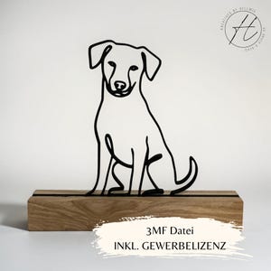 Op de afbeelding: Een zwart draadsculptuur van een zittende hond op een rechthoekige, lichtbruine houten voet. De hondfiguur is uitgevoerd in een doorlopende lijnstijl. De tekst 3MF DATEI INKL. GEWERBELIZENZ is in het zwart op het onderste gedeelte gedrukt.