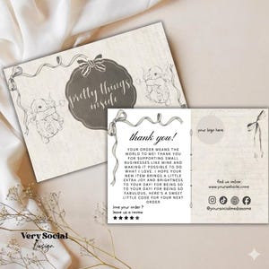 Editable Thank You Card Template with Bows & Bunnies, Coquette Aesthetic Packaging Insert, Small Business Branding Kit, Pretty Things Inside