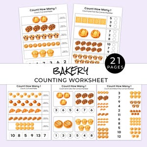 Könnte beinhalten: Ein Set von Zählarbeitsblättern zum Thema Bäckerei mit Illustrationen von verschiedenen Gebäckstücken, Muffins und Keksen. Die Seiten enthalten Übungen zum Zählen, Schneiden, Kleben und Zuordnen. Der Text lautet Count How Many und Bakery.