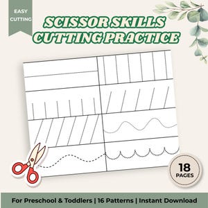 May include: A white worksheet with dotted lines for scissor skills practice. The worksheet includes straight, curved, and angled lines for cutting practice. The text "SCISSOR SKILLS CUTTING PRACTICE" is displayed in green. The image also includes a pair of red scissors.