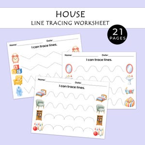 May include: A House Line Tracing Worksheet set containing 21 pages. Each white paper sheet features the text 'I can trace lines', blank lines for Name and Date, and various dashed lines to trace, accompanied by colourful illustrations of household items.