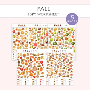 May include: A set of five Fall I Spy worksheets featuring colorful watercolor illustrations of autumn-themed items like pumpkins, leaves, mushrooms, and apples. Each page includes the text FALL I SPY and a grid for tracking counted items.