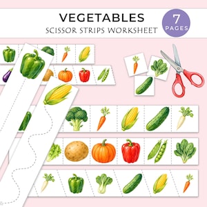 May include: A Vegetables Scissor Strips Worksheet with 7 pages featuring white paper strips with dashed cutting lines and watercolor illustrations of vegetables including broccoli, carrots, corn, cucumbers, peppers, potatoes, and spinach, plus scissors.