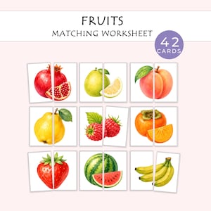 Op de afbeelding: Een Fruits Matching Worksheet met 42 kaarten met aquarelillustraties van diverse vruchten zoals granaatappel, peer, perzik, kweepeer, framboos, kaki, aardbei, watermeloen en bananen, gerangschikt in een raster op een lichte achtergrond.