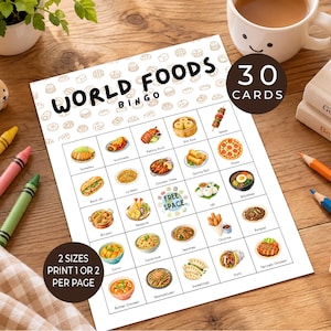 May include: A World Foods Bingo game sheet featuring a grid of various international dishes like pizza, sushi, and curry, with the text "WORLD FOODS BINGO" at the top, a "FREE SPACE" in the center, and labels for 30 cards in a brown circular badge.