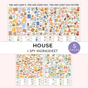 Puede incluir: Un conjunto de cinco hojas de trabajo I Spy tituladas HOUSE, con ilustraciones coloridas de artículos para el hogar, juguetes y muebles. Cada página incluye el encabezado Find and Count Each Picture, varios objetos dispersos y casillas vacías.