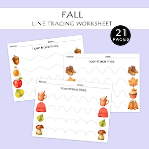 May include: A 21-page fall line tracing worksheet set featuring white paper sheets with black text that reads FALL LINE TRACING WORKSHEET and I can trace lines. The pages include dotted lines for tracing and watercolor illustrations of acorns, apples, leaves, boots, mugs, and mushrooms.