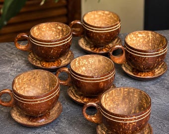 Conjunto de xícaras de chá artesanais feitas com casca de coco – Utensílios rústicos tropicais para 6 pessoas