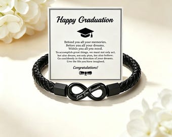 Graduation Bracelet Personalized Infinity Leather Band Class of 2026 Gift Custom Engraved Mens Wristband Grad Present Magnetic Clasp