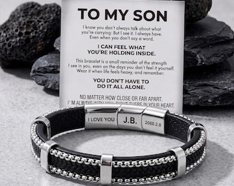 To My Son Personalized Braided Leather Bracelet, Custom Engraved Gold Multi Layer Men's Bracelet
