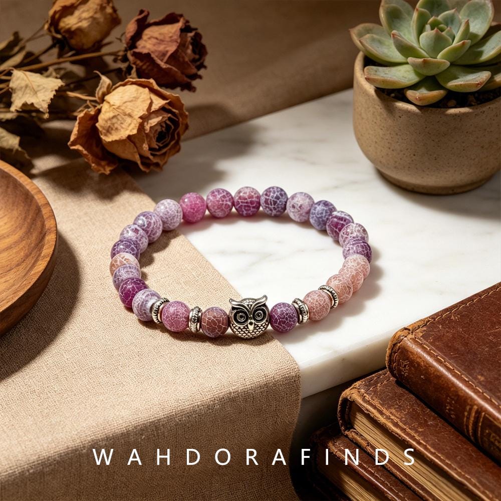 Cracked Purple Agate Owl Charm Bracelet: Boho Natural Stone Jewelry