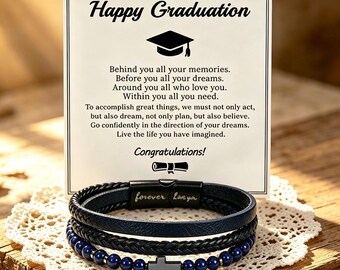 Happy Graduation Cross Leather Bracelet, Personalized Grad Gift with Message Card, High School College Graduation Gift for Son Him