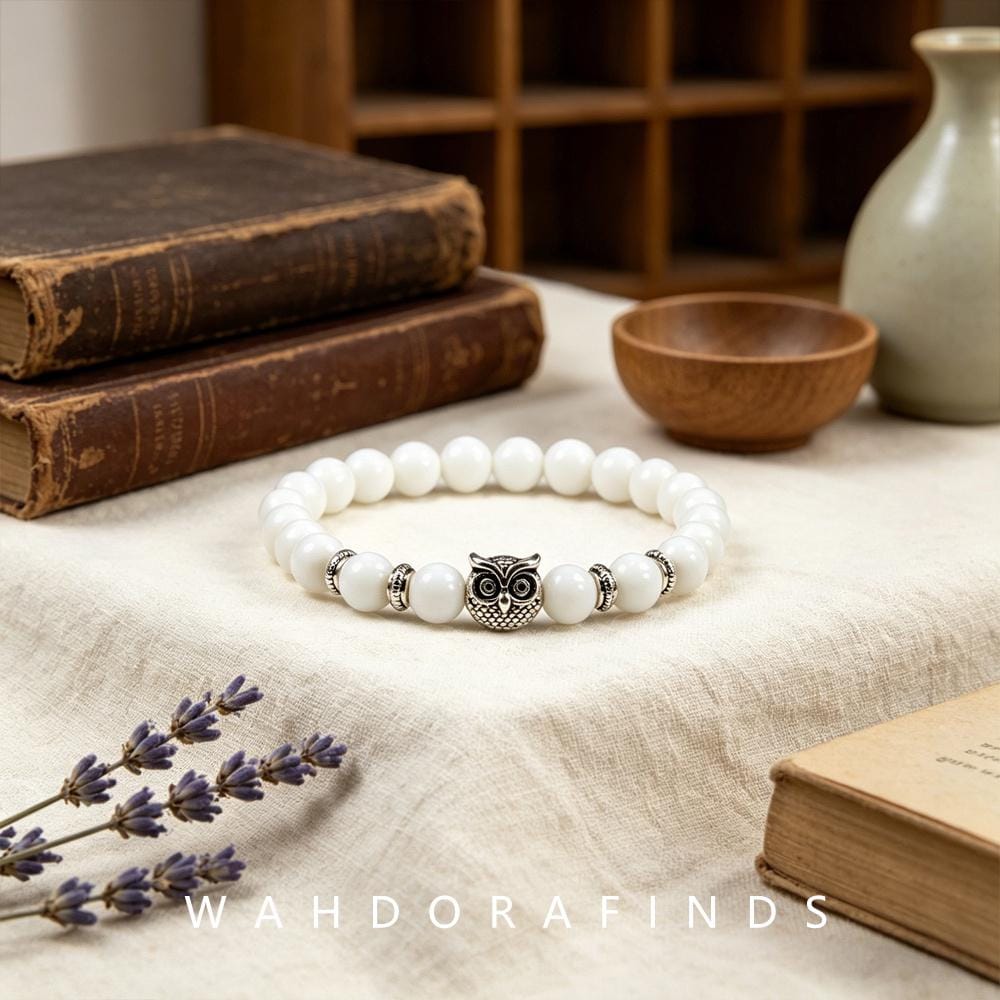 White Natural Stone Owl Charm Bracelet, 8mm Elastic Stretch Wisdom Jewelry