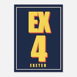 Póster con impresión del código postal EX4 de Exeter y tipografía retro llamativa.