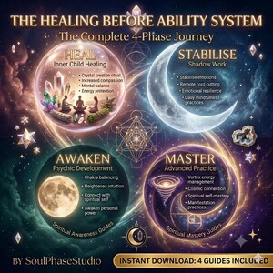 May include: A digital infographic titled THE HEALING BEFORE ABILITY SYSTEM, The Complete 4-Phase Journey by SoulPhaseStudio. It features four circular sections: HEAL with crystals, STABILISE with a crescent moon, AWAKEN with a full moon, and MASTER.