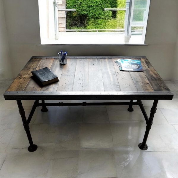 Reclaimed Distressed Desk with Pipe legs, well built, Quality, Character, Customizable.