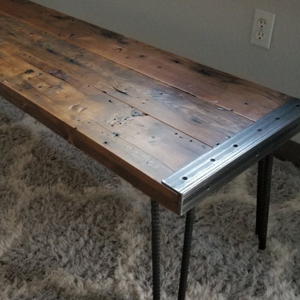 Reclaimed Distressed Custom Built Industrial Bench with Heavy Duty Hairpin Legs, Lots of Character.