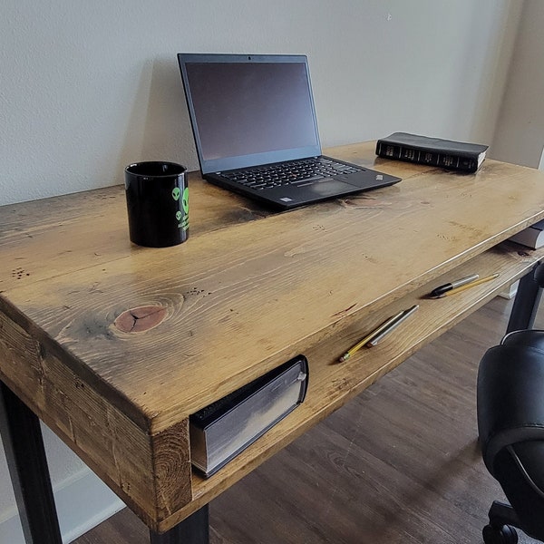 Industrial Desk, Reclaimed Distressed Wood with Straight Steel Legs