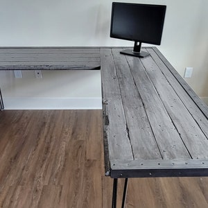 Ghost L-Shaped Desk Reclaimed Distressed Industrial Style with 3-Rod Hairpin Legs