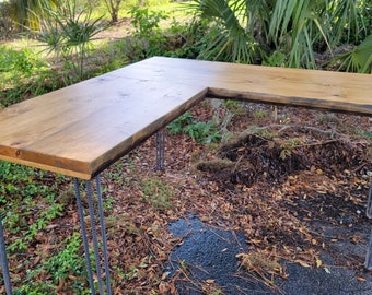 Any Size - 2.25" Custom L-Shaped Desk Reclaimed Distressed with Hairpin legs