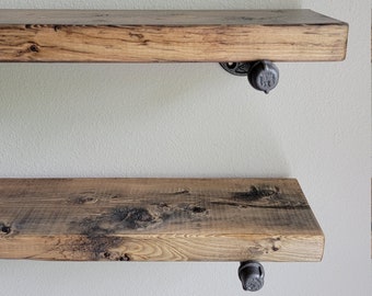 Single Pipe Shelf - Everything Included to Mount to Drywall or Wood - Shelves made with Reclaimed Distressed Wood