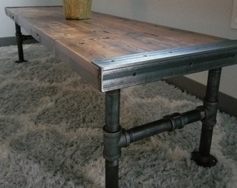 Reclaimed Distressed Custom Industrial Bench, Sofa Table. Hallway Table, wood, Iron Pipe legs, Lots of Character.