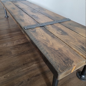 Reclaimed Distressed Custom Industrial Bench, Sofa Table. Hallway Table, wood, Iron Pipe legs, Lots of Character.