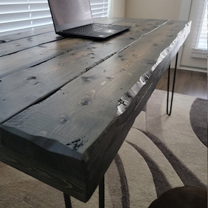 Handmade Tortured Old Growth Style Custom Desk Chunky Wood Reclaimed Distressed with white pedestal base