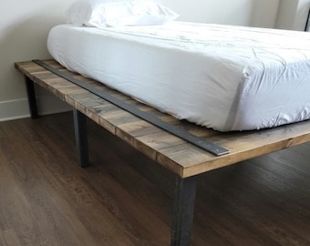 Rustic Platform Bed Reclaimed Distressed Solid Wood and Steel