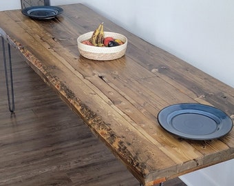 Alive Edge Reclaimed Distressed Dining Table with Hairpin Legs with Live Edges